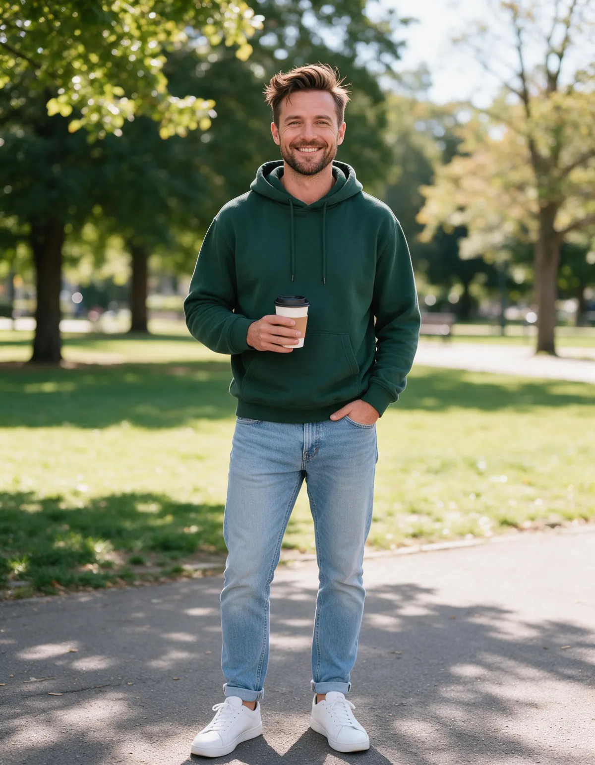 Beispielfoto: Mann im grünen Hoodie mit Kaffeebecher im Park
