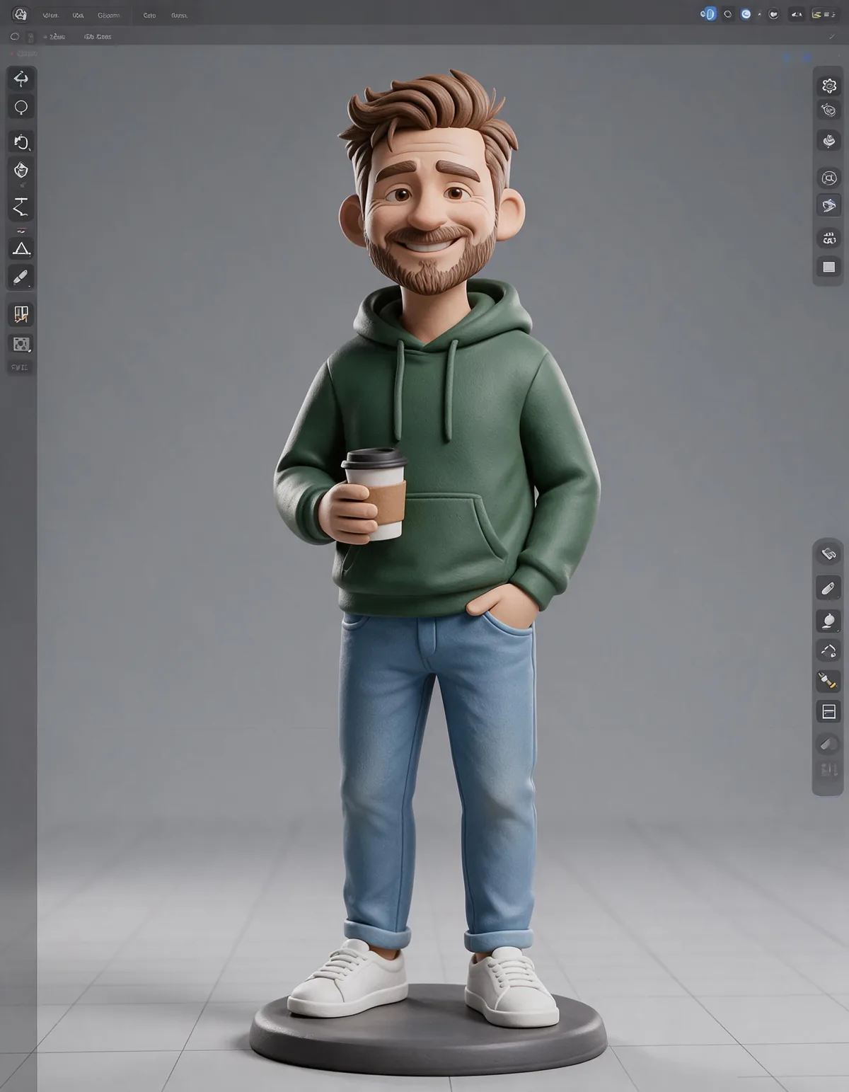 3D-Vorschau der Figur im Modellierprogramm: Mann im Hoodie mit Kaffeebecher auf Sockel