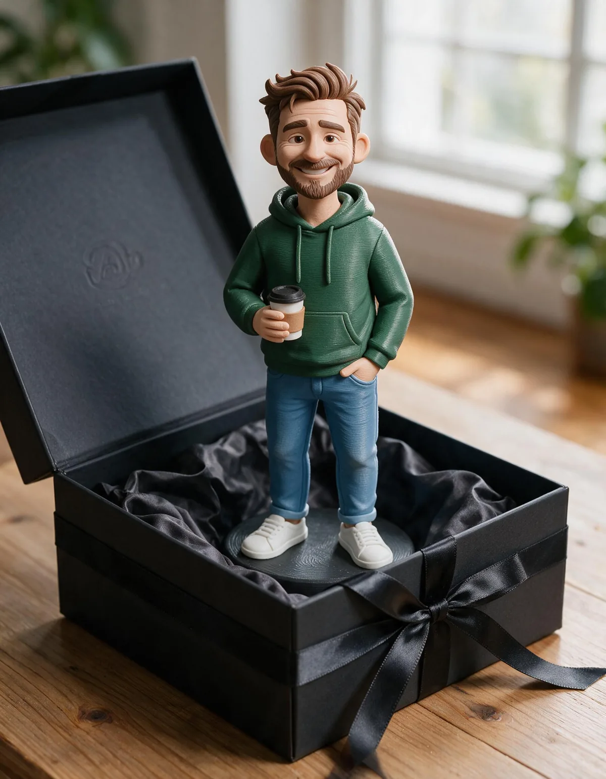 Fertige Figur im Hoodie mit Kaffeebecher in einer schwarzen Geschenkbox